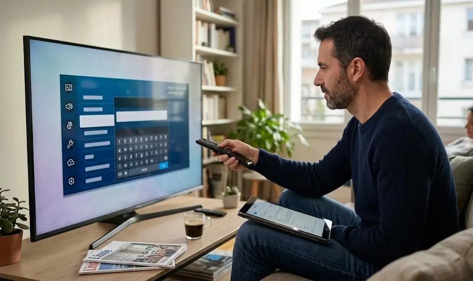 Une main tenant une télécommande Smart TV (Samsung ou LG), pointant vers un écran affichant un champ de saisie d'URL pour une playlist M3U.