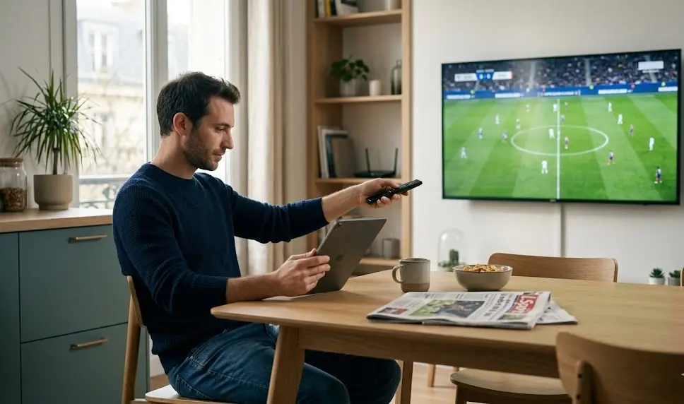 Un gros plan sur l'écran d'un ordinateur affichant un fichier de playlist M3U ouvert dans VLC Player, avec des logos de chaînes de football CDM.