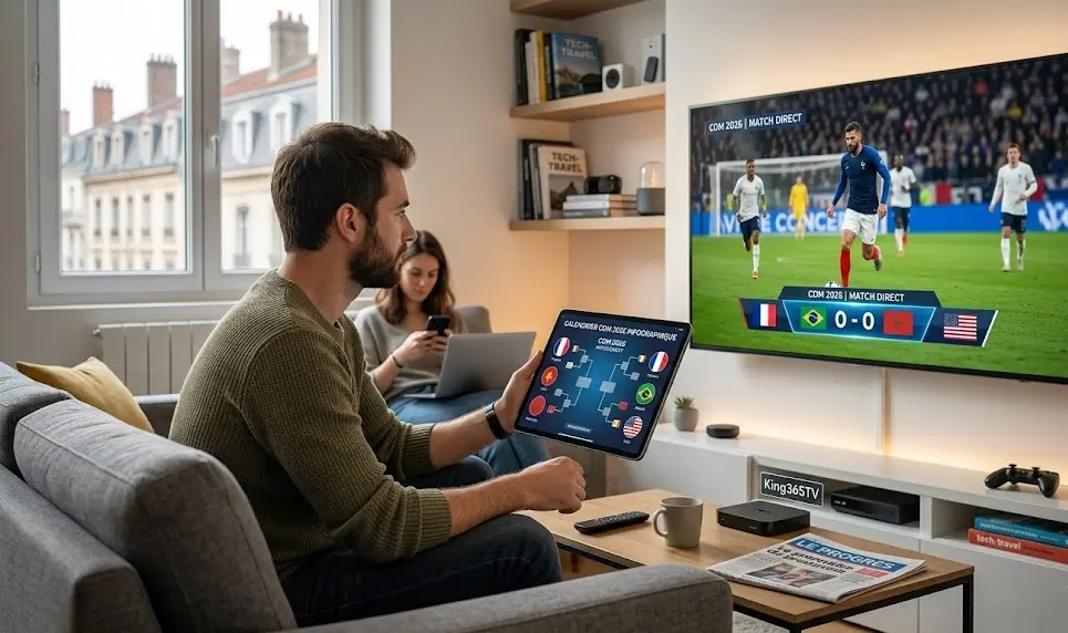 Une infographie stylisée montrant les dates clés de la Coupe du Monde 2026 sur un écran de télévision avec des logos de chaînes de sport.