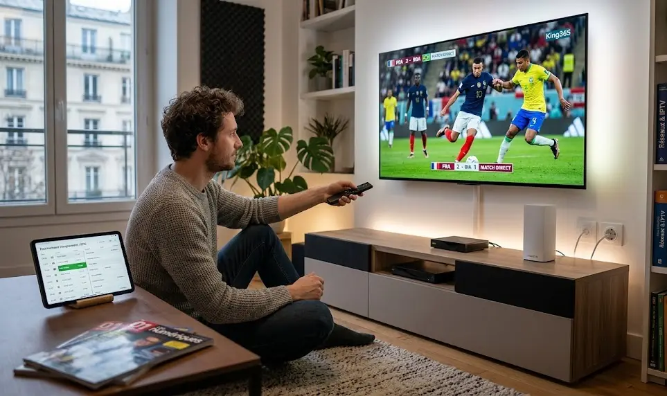 Un setup de streaming professionnel avec un boîtier Shield TV, un câble Ethernet et une TV 4K affichant du football.