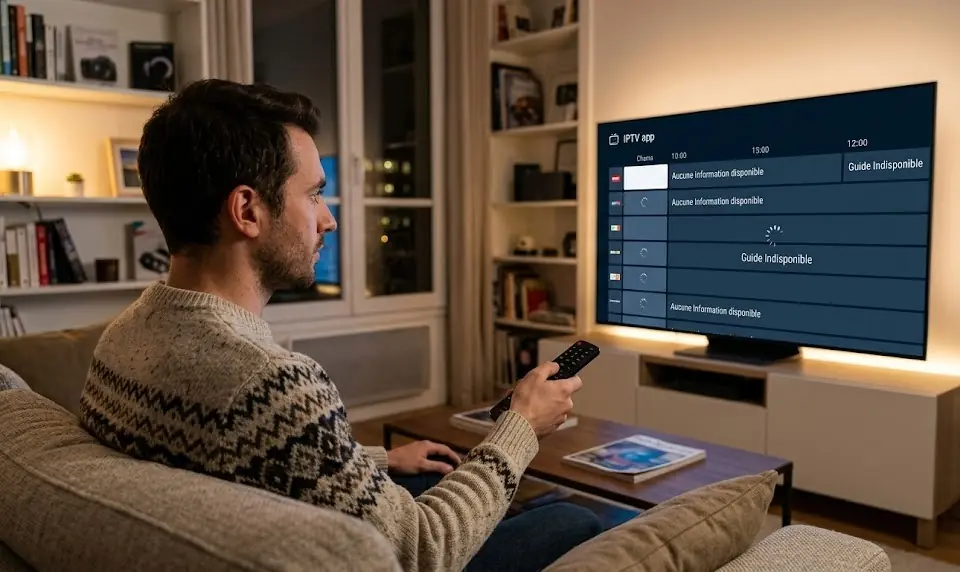 Une télévision affichant une interface IPTV où toutes les cases du guide des programmes indiquent 'No Information' (Aucune information).