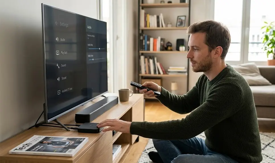 Un gros plan sur les paramètres audio d'une application IPTV avec un curseur d'ajustement du délai audio mis en évidence.