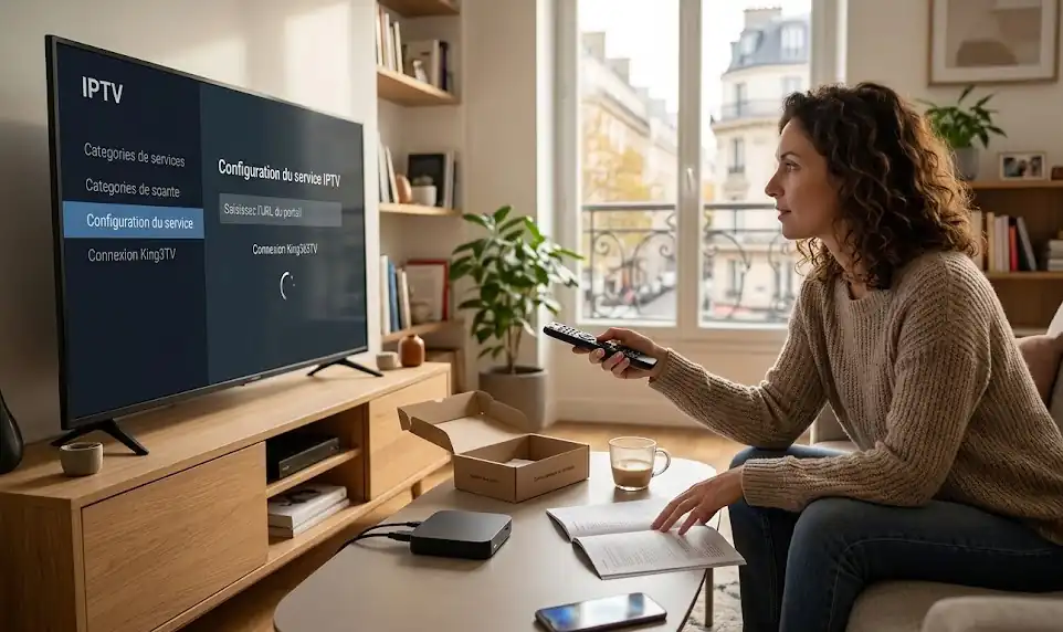 Une illustration simplifiée montrant une connexion internet reliant un serveur à différents appareils domestiques (TV, smartphone, ordinateur) affichant des logos de chaînes.