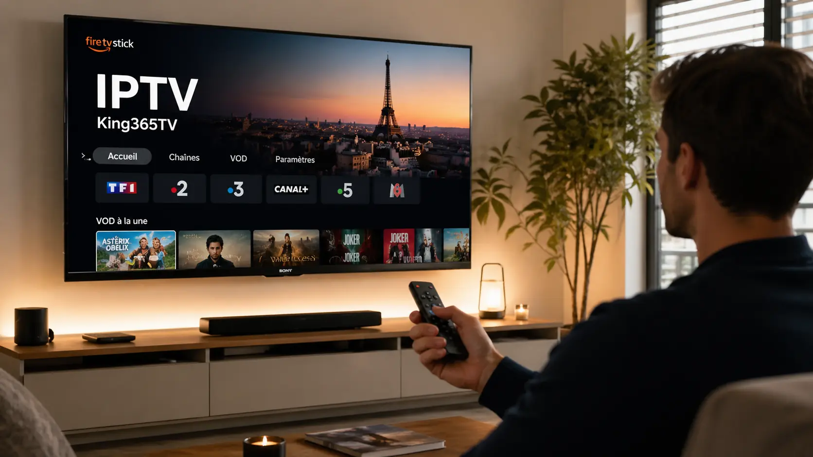 Un gros plan sur un Amazon Fire TV Stick branché à un port HDMI, avec une TV en arrière-plan affichant un écran d'application IPTV.