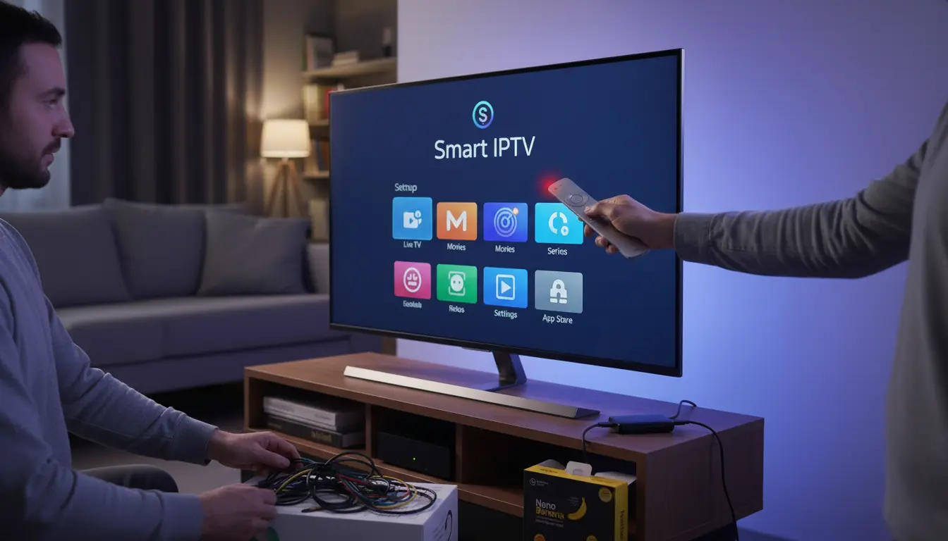 Gros plan d'une main utilisant une télécommande LG Magic Remote pour naviguer dans l'application SIPTV sur une TV LG.