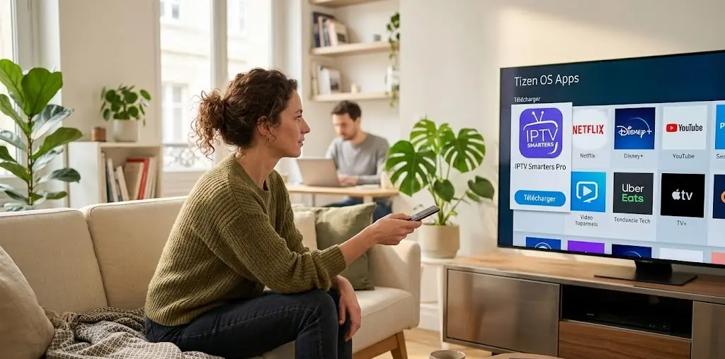 Une personne tenant une télécommande Samsung et pointant vers une Smart TV affichant l'écran de connexion de IPTV Smarters Pro.