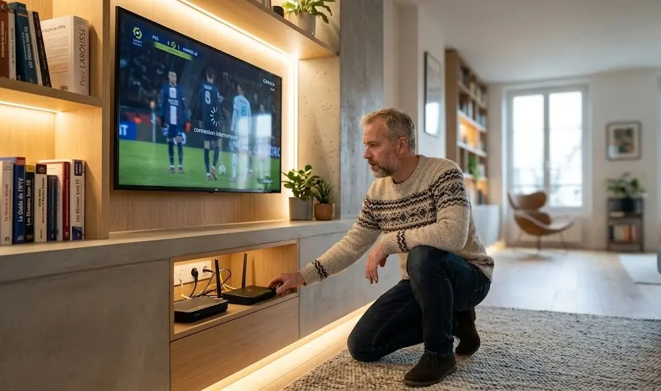 Une personne frustrée regardant un écran de télévision qui affiche une icône de chargement (buffering), tenant un routeur Wi-Fi.