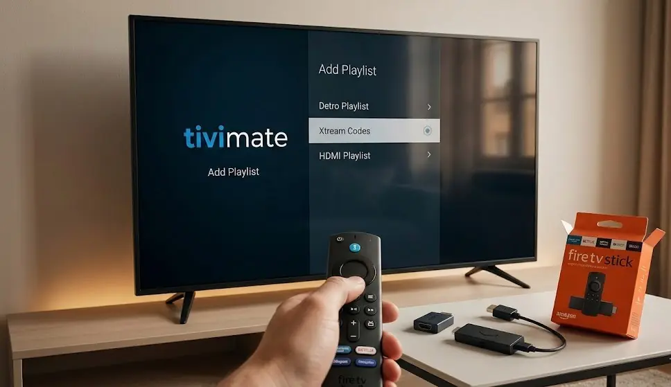 Gros plan d'une personne tenant une télécommande Amazon Fire TV, pointée vers une télévision affichant l'interface de TiviMate.