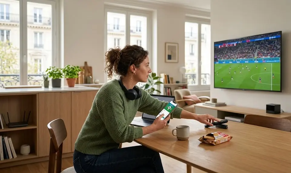 Une grille d'écrans d'applications affichant des logos d'applications IPTV comme TiviMate, Smarters Pro et iPlayTV, avec des ballons de football CDM stylisés.