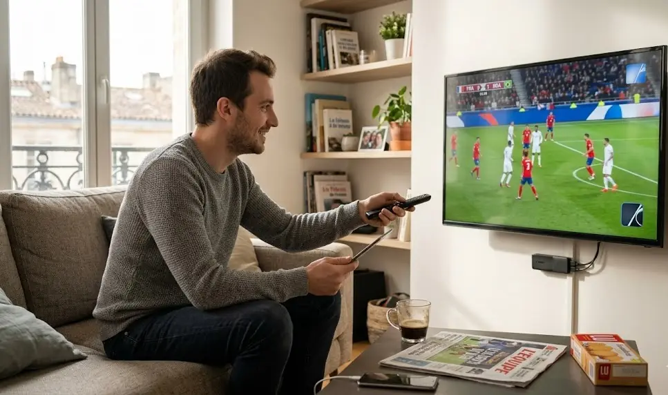 Un homme joyeux regardant un match de football de la Coupe du Monde sur un écran d'ordinateur portable, tenant un drapeau gratuit dessiné à la main.