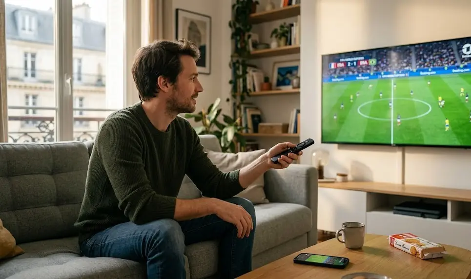 Un salon moderne avec une grande TV affichant un match de football de la Coupe du Monde 2026, avec un drapeau français subtilement visible.